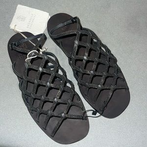 NWT Brunello Cucinelli Leather Crystal Embellishments Gladiator Sandals